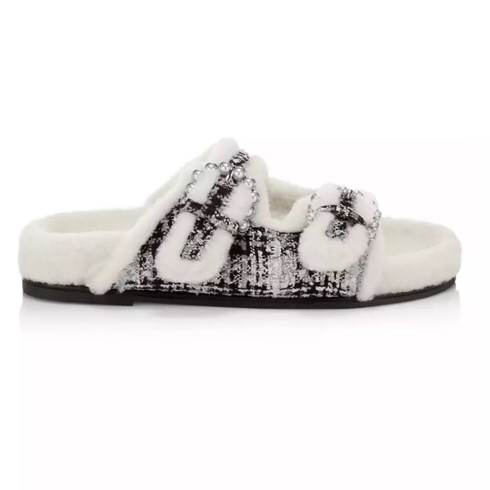 STUART WEITZMAN Piper Chill Shearling-Lined Slides in
Flannel Tweed Size 8.5